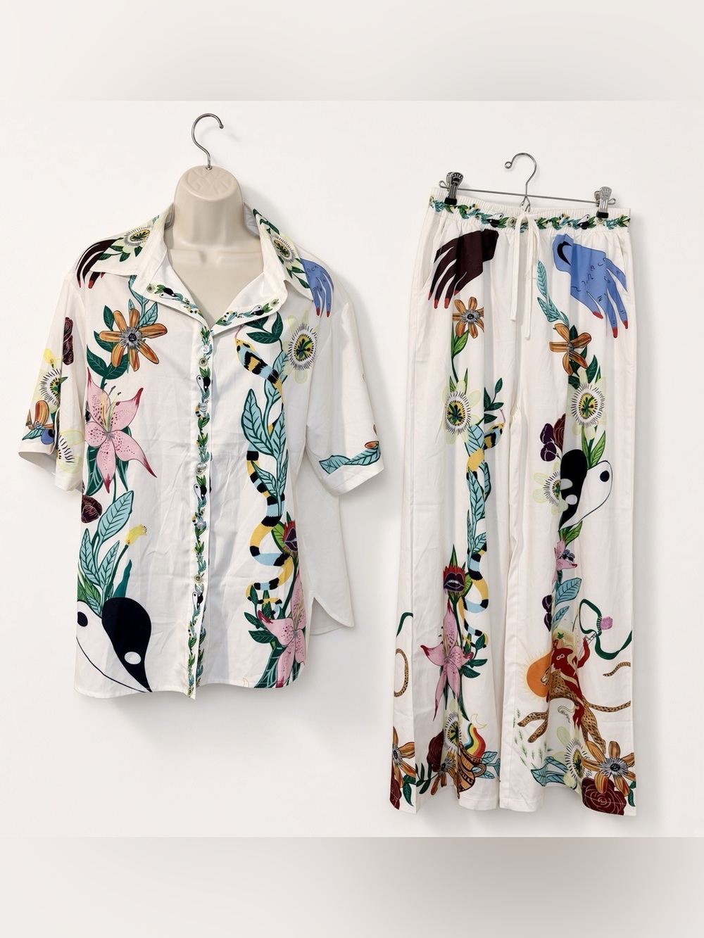 Tropical 2 Piece Set M Shirt Pants Drawstring Wide Leg NWOT